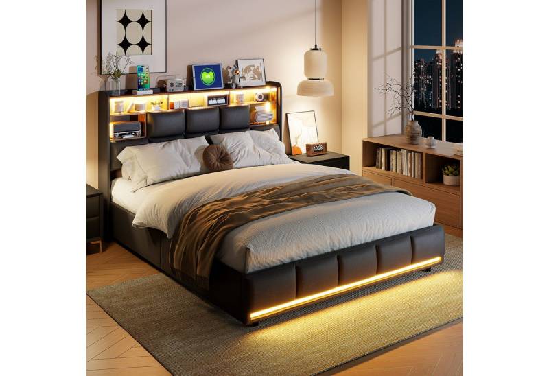 PXloue Polsterbett Modernes Bett mit LED-Beleuchtung und Regal (Hydraulisch hebbarer Stauraum), Stilvolles Design mit Stauraum und Lattenrost. von PXloue