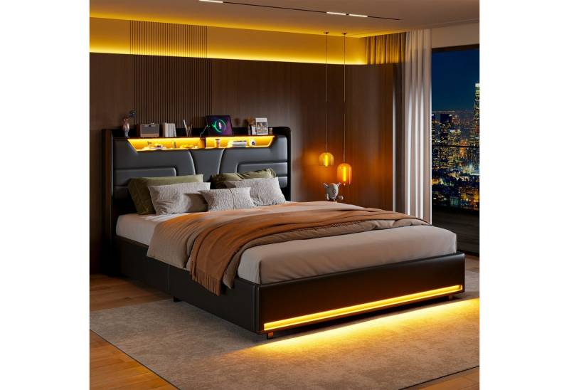 PXloue Polsterbett Modernes Bett mit LED-Beleuchtung und integriertem Regal (Kopfteil mit 2 Steckdosen + USB), Stilvolles Design mit Aufbewahrung und Beleuchtung. von PXloue