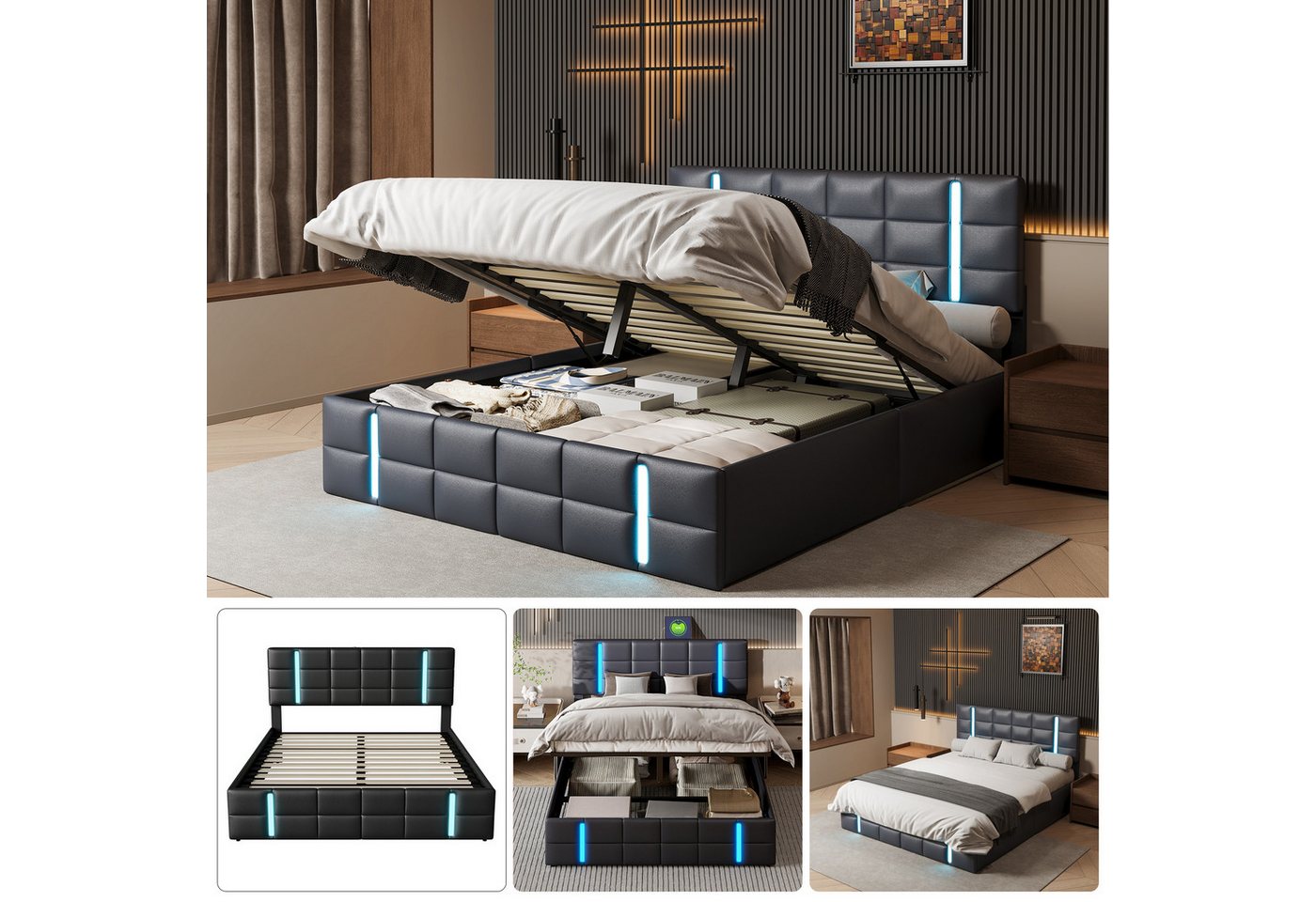 PXloue Polsterbett Modernes Polsterbett mit LED-Beleuchtung und Stauraum (Inklusive USB-Typ-C-Ladeanschluss), Stilvolles Design mit Stauraum und Lattenrost. von PXloue