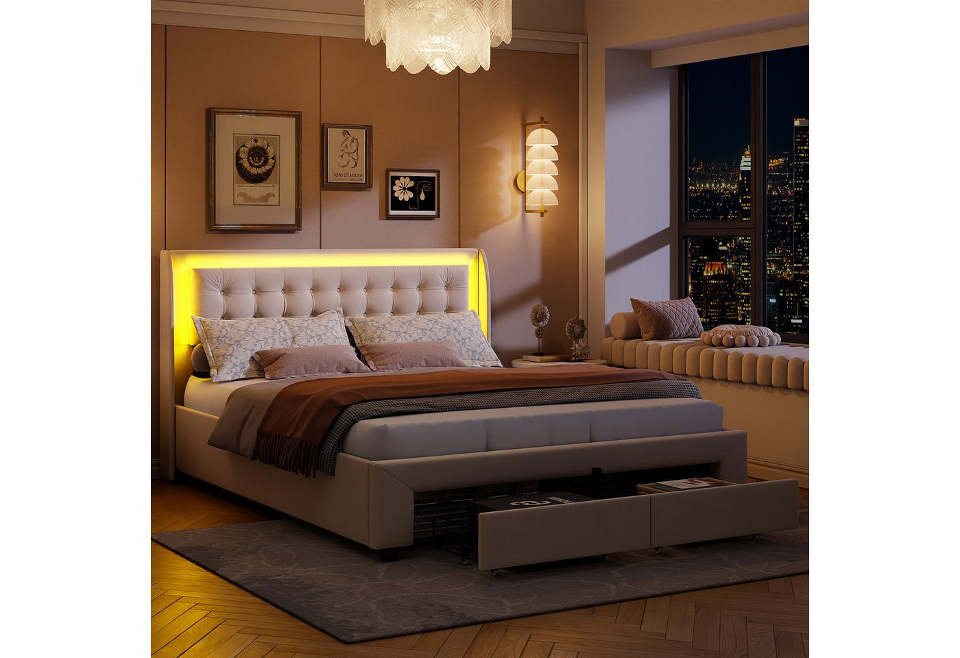PXloue Polsterbett Polsterbett mit Stauraum und RGB-LED-Beleuchtung, beige Samt, Mit Gasdruckfedern, dimmbarer LED und Stauraum. von PXloue