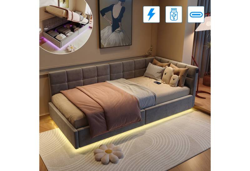 PXloue Polsterbett Schlafsofa Daybett (hydraulischem Stauraum), LED-Beleuchtung Einzelbett 90x200cm mit Ladefunktion von PXloue