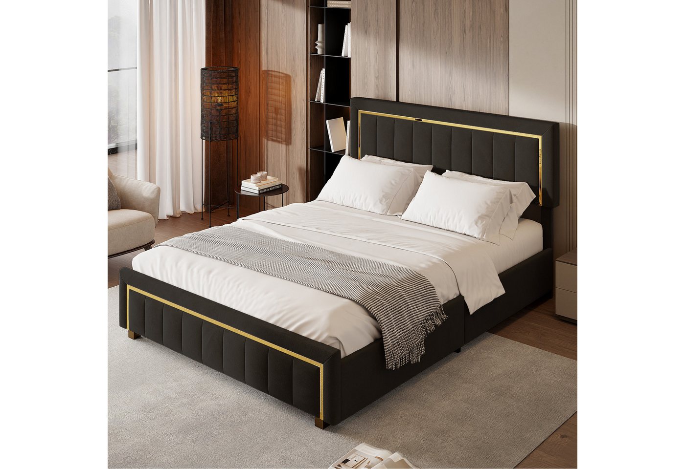 PXloue Polsterbett Stauraumbett Doppelbett (Hochklappbares Bett 140x200 cm), Samtbezug in Schwarz, mit stabilem Lattenrost & Metallrahmen von PXloue