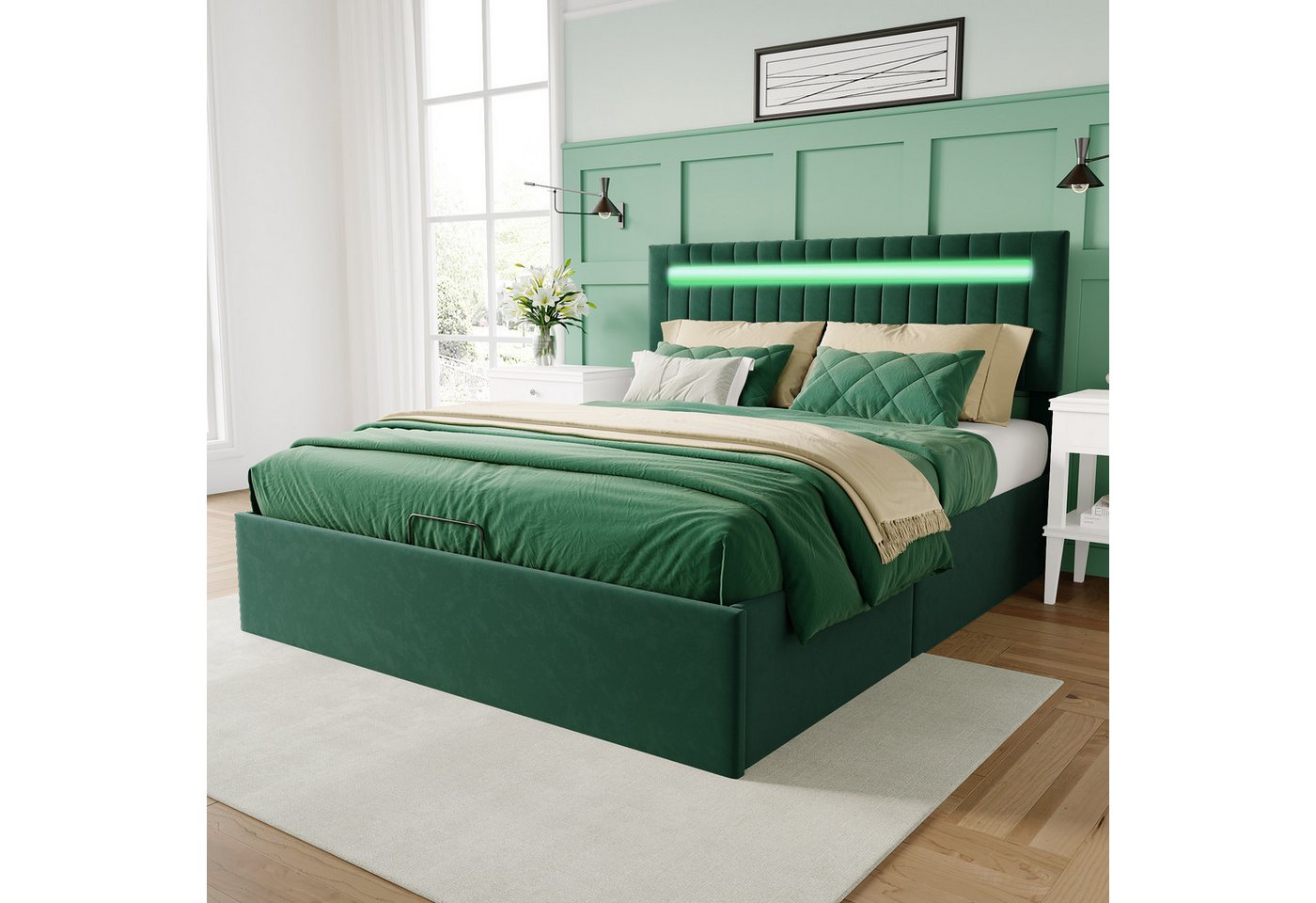 PXloue Polsterbett Stauraumbett Doppelbett (Luftdruckhebel anhebbarer Bettstauraum), Mit LED-Beleuchtung, Bettkasten, Samt, 140x200 cm, (Ohne Matratze) von PXloue