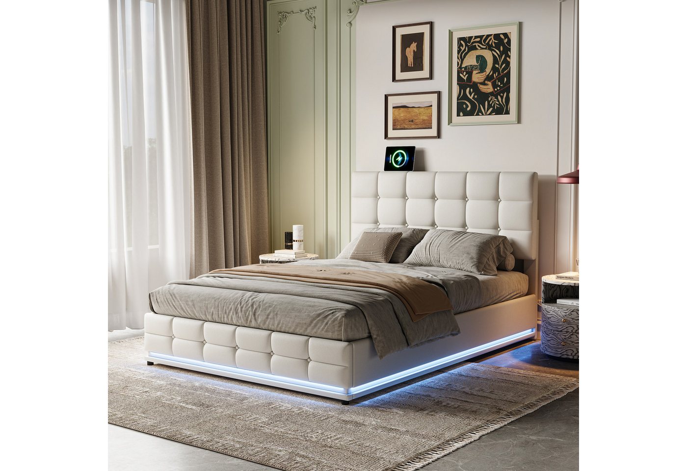 PXloue Polsterbett Stauraumbett Doppelbett 140x200 cm (Für Jugendliche geeignet), mit LED-Beleuchtung und Stauraum,Kunstleder,140x200 cm von PXloue