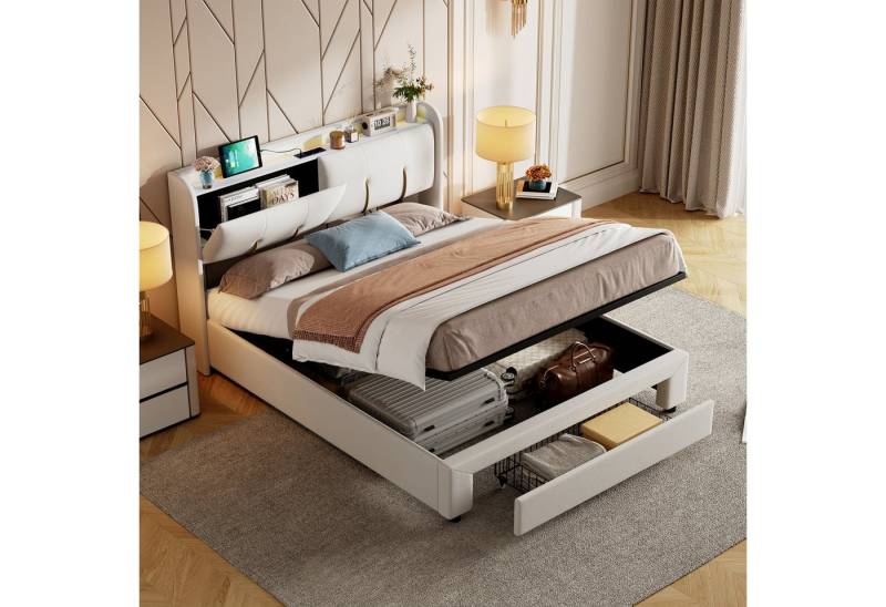 PXloue Polsterbett Stauraumbett Doppelbett mit Samtbezug, Kopfteil mit Lichtstreifen, Lattenrost & hoher Rahmen, 160x200 cm von PXloue
