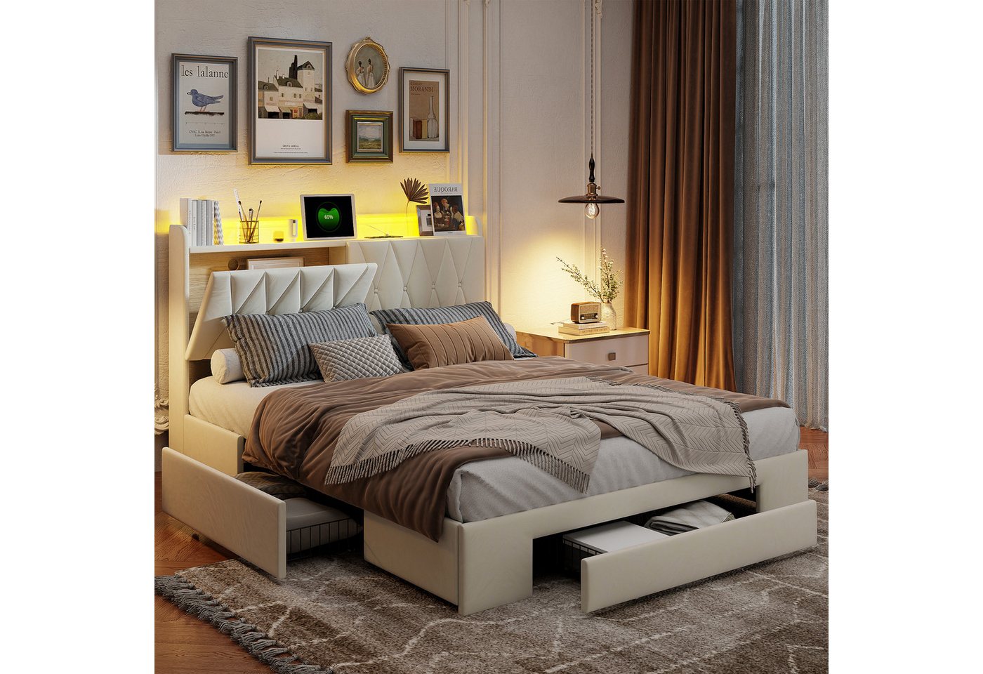 PXloue Polsterbett Stauraumbett mit Bettkasten, mit LED-Beleuchtung,3 Schubladen,160x200 cm,Ohne Matratze PXloue Polsterbett Stauraumbett mit Bettkasten, mit LED-Beleuchtung,3 Schubladen,160x200 cm,Ohne Matratze von PXloue