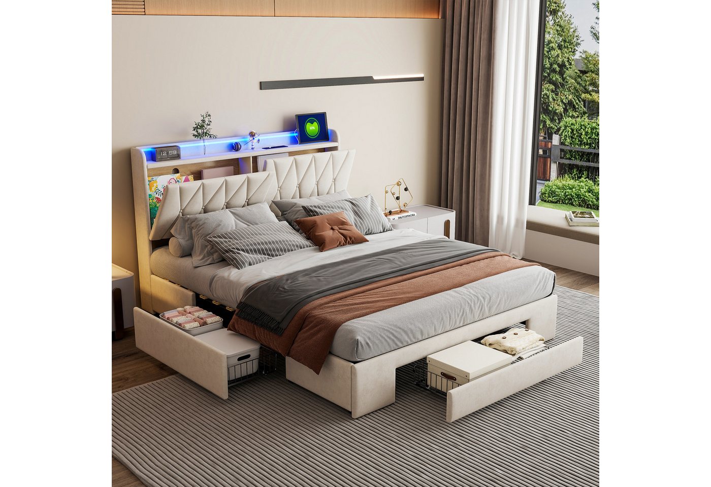 PXloue Polsterbett Stauraumbett mit Bettkasten LED Doppelbett, mit LED-Beleuchtung, 3 Schubladen, 140x200 cm, Ohne Matratze PXloue Polsterbett Stauraumbett mit Bettkasten LED Doppelbett, mit LED-Beleuchtung, 3 Schubladen, 140x200 cm, Ohne Matratze von PXloue