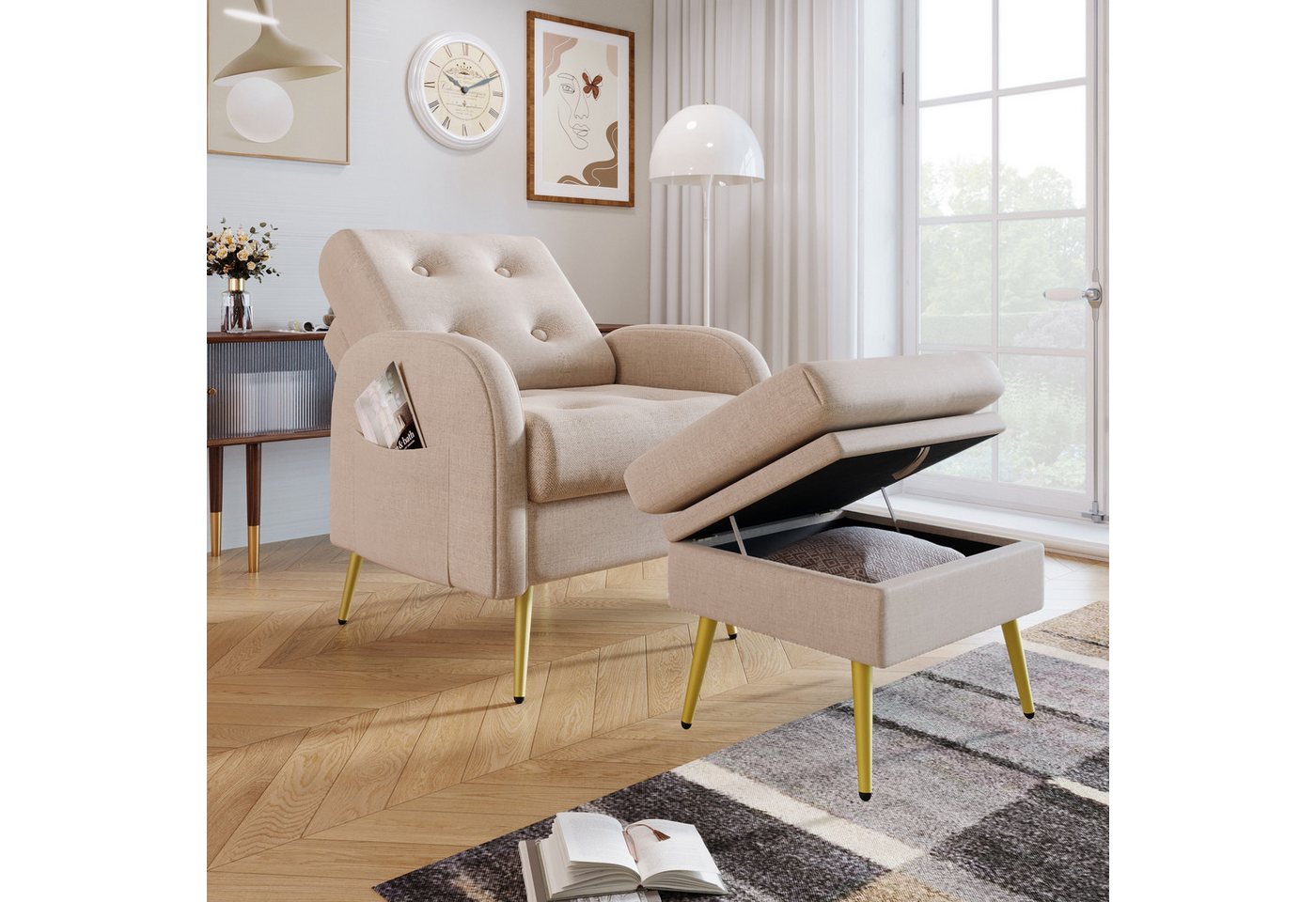 PXloue Relaxsessel Einzelsessel Loungesessel mit Fußstütze und goldenen Beinen (2-St., mit Fußstütze), mit Relaxfunktion von PXloue