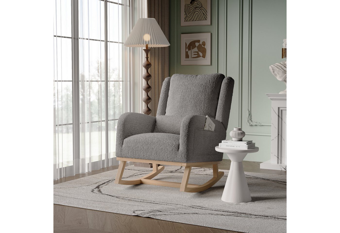 PXloue Schaukelstuhl Ergonomischer Schaukelstuhl mit Nackenstütze und feuerfester Basis (1 St), Teddy-Samt-Schaukelstuhl mit verstellbarer Fußstütze und Seitentaschen von PXloue