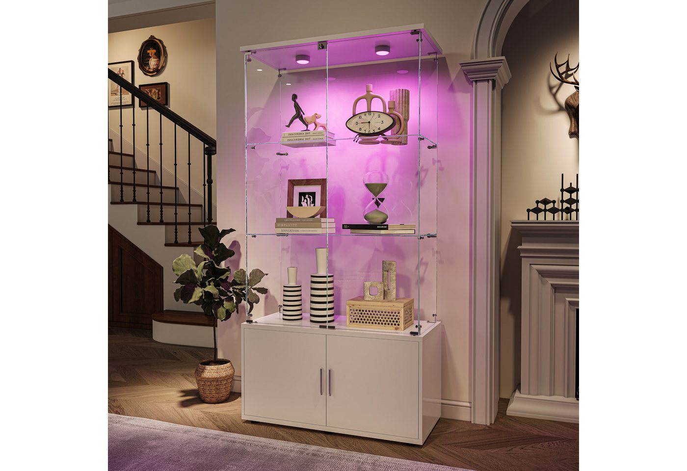 PXloue Standvitrine Matt Glasvitrine mit LED-Beleuchtung und Stauraum Wohnzimmerschrank mit Glastüren und Schubladen von PXloue
