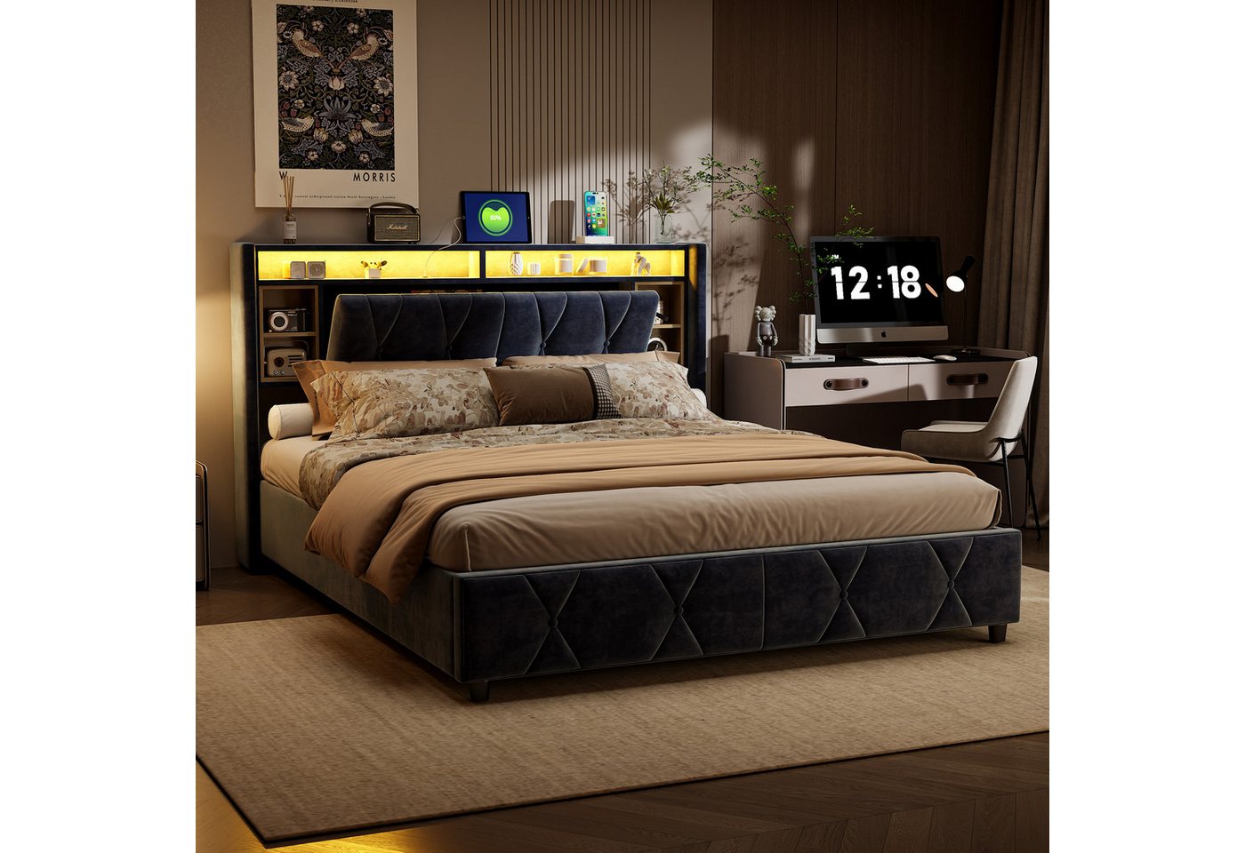PXloue Stauraumbett Elegantes Bett mit LED-Beleuchtung und Stauraum, Samtbezug, Kopfteil, USB – perfekt für Schlafzimmer. PXloue Stauraumbett Elegantes Bett mit LED-Beleuchtung und Stauraum, Samtbezug, Kopfteil, USB – perfekt für Schlafzimmer. von PXloue