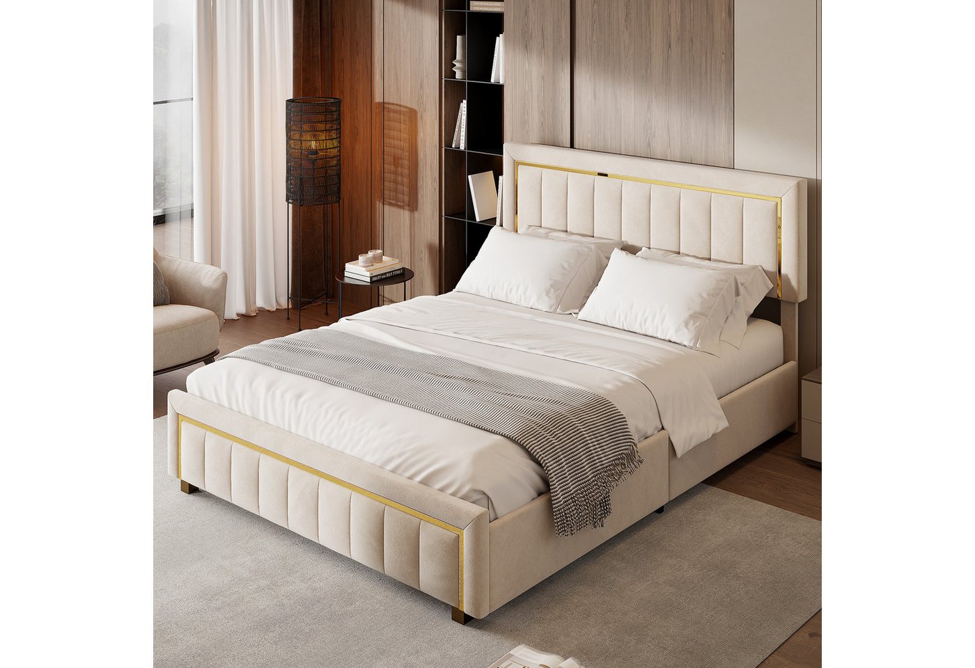 PXloue Stauraumbett Elegantes Polsterbett mit goldenen Akzenten und gepolstertem Kopfteil, Luxuriöses Design mit stabilem Gestell und hochwertigem Bezug. von PXloue