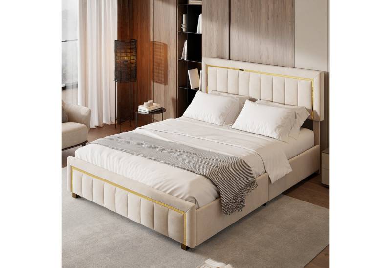 PXloue Stauraumbett Elegantes Polsterbett mit goldenen Akzenten und gepolstertem Kopfteil, Luxuriöses Design mit stabilem Gestell und hochwertigem Bezug. von PXloue