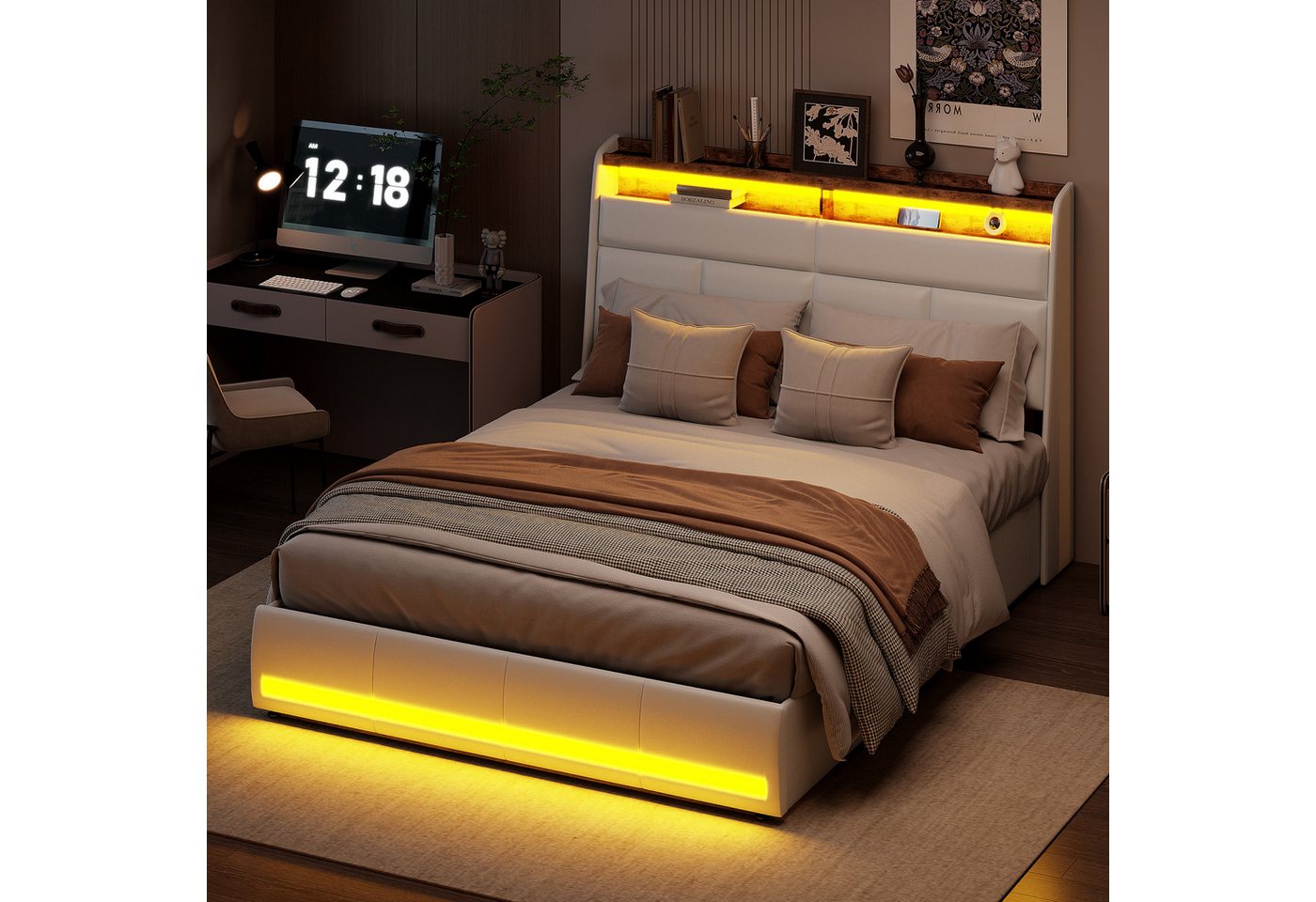 PXloue Stauraumbett Polsterbett Doppelbett, mit LED-Beleuchtung und verstecktem Stauraum,140x200 cm PXloue Stauraumbett Polsterbett Doppelbett, mit LED-Beleuchtung und verstecktem Stauraum,140x200 cm von PXloue