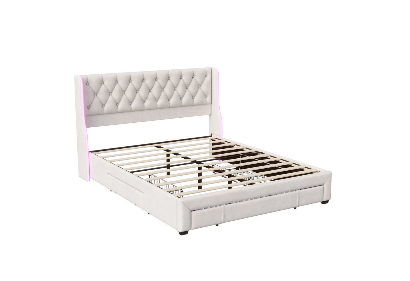 PXloue Stauraumbett Polsterbett Doppelbett, mit Lattenrost und 3 Schubladen, LED-Beleuchtung, 140x200 cm von PXloue