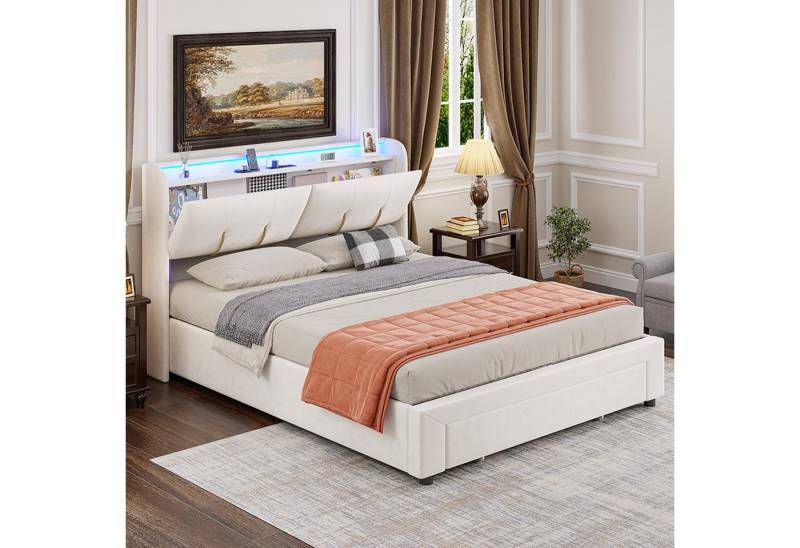 PXloue Stauraumbett Polsterbett Doppelbett (Kopfteil mit verstecktem Stauraum und Ladefunktion), mit RGB-LED-Beleuchtung und Stauraum - 140x200 cm von PXloue
