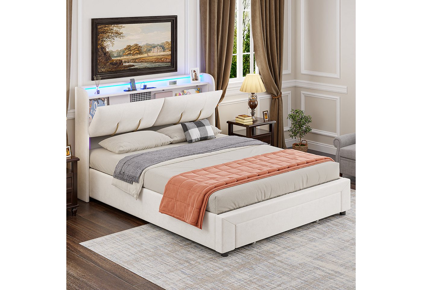 PXloue Stauraumbett Polsterbett Doppelbett (Kopfteil mit verstecktem Stauraum und Ladefunktion), mit RGB-LED-Beleuchtung und Stauraum - 160x200 cm von PXloue