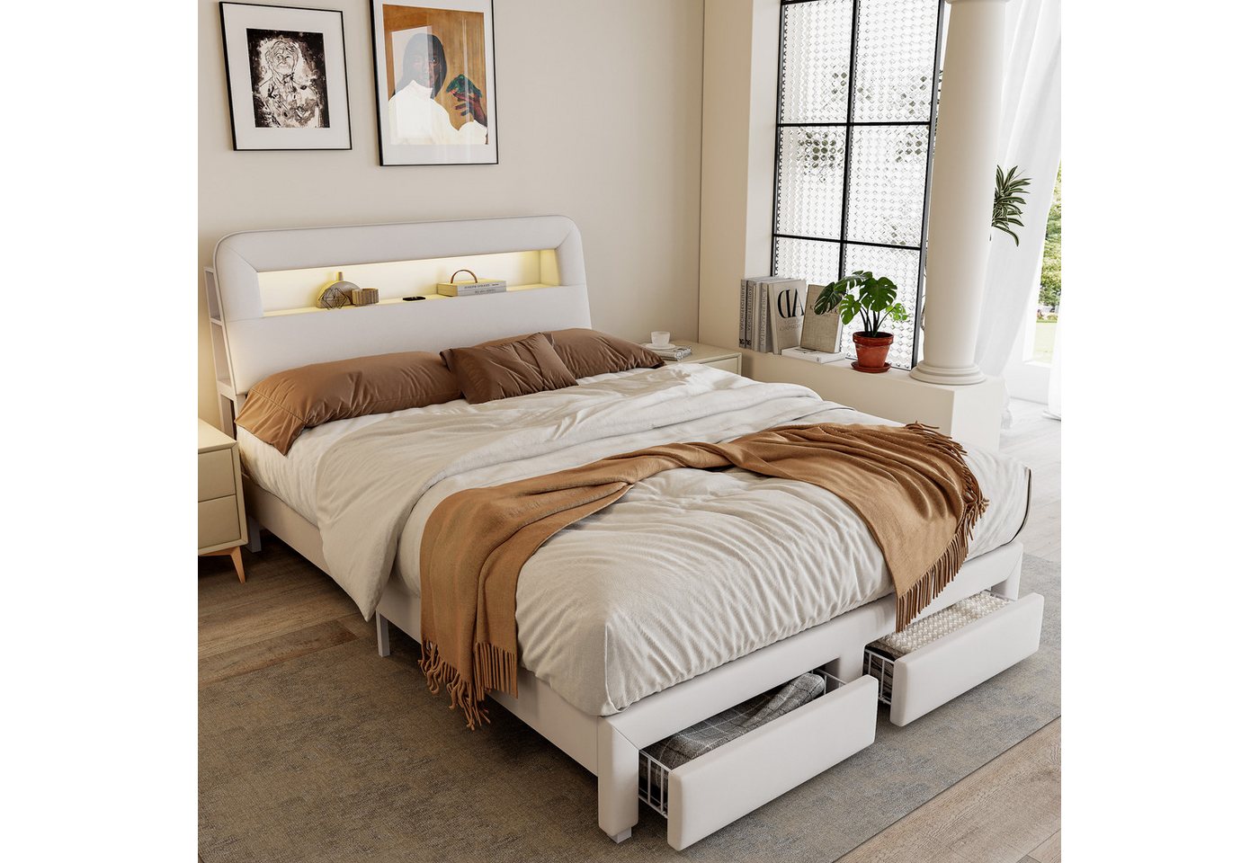 PXloue Stauraumbett Polsterbett mit Stauraum (Doppelbett 160x200 cm (USB-Ladeanschluss), 2 Schubladen, mit stabilem Lattenrost & gepolstertem Kopfteil von PXloue