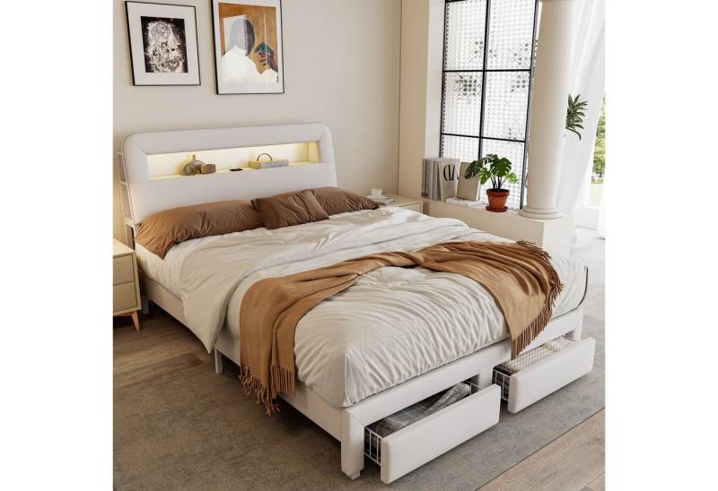 PXloue Stauraumbett Polsterbett mit Stauraum (Doppelbett 160x200 cm (USB-Ladeanschluss), 2 Schubladen, mit stabilem Lattenrost & gepolstertem Kopfteil von PXloue