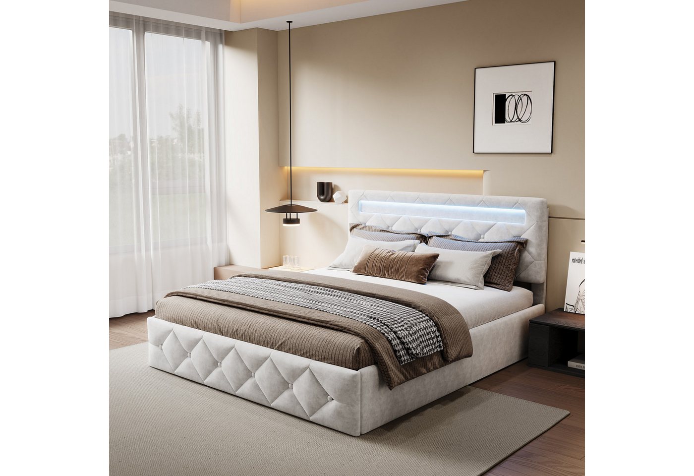 PXloue Stauraumbett Polsterbett mit Stauraum (Hochklappbares Bett 140x200 cm (Stimmungsvolles LED-Lichtband), Cremeweiß, mit stabilem Lattenrost & gepolstertem Kopfteil von PXloue