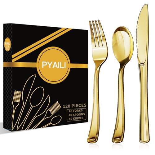 PYAILI 120 Stück Wiederverwendbaren Plastik Besteck Set,BPA Frei, Geeignet für Familien, Hochzeiten, Partys, Camping-PS metallisiert(Gold) von PYAILI