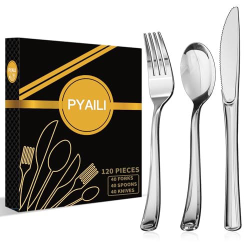 PYAILI 120 Stück Wiederverwendbaren Plastik Besteck Set,BPA Frei, Geeignet für Familien, Hochzeiten, Partys, Camping-PS metallisiert(Silber) von PYAILI
