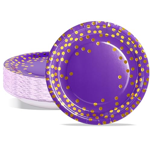 PYAILI 50Stück Pappteller, Partyteller Kindergeburtstag Teller Set ​18 CM Partygeschirr Set, Lila Gold Einweg Papier Teller zum Abschlussfeier, Silvester, Kindergeburtstag, Geburtstag von PYAILI
