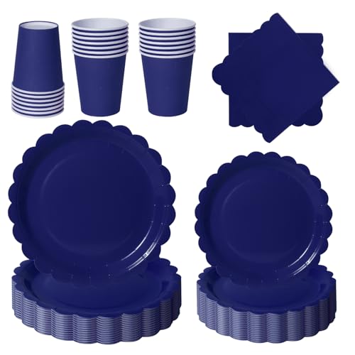 PYAILI Dunkelblau Partygeschirr, 96 Stück Pappteller Set mit Blumenmuster für 24 Gäste, Papier Teller Pappbecher Servietten für Geburtstag, Muttertag, Babyparty, Bridgerton, Teeparty von PYAILI