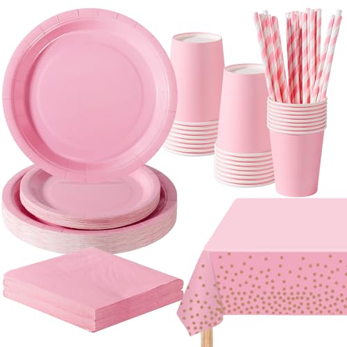 PYAILI Hellrosa Partygeschirr, 121 Stück Pappteller Sets, Party Pappteller Becher Servietten Partyteller Partyset Süße Party, für Feste und Feiern wie Geburtstag von PYAILI