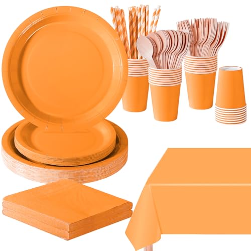 PYAILI Mandarinengelb Partygeschirr, 169 Stück Pappteller Sets, Party Pappteller Becher Servietten Partyteller Partyset Süße Party, für Feste und Feiern wie Geburtstag von PYAILI
