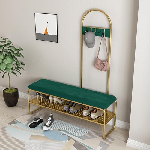 PYCJNFC 3-Tier Schuhablage Bänke mit PU-Leder gepolstert Sitz, Schuhregal Bank, schwarzer Metallrahmen for den Eingangsbereich(Green Gold,120 x 32 x 45 cm) von PYCJNFC