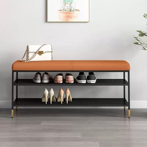 PYCJNFC Gepolsterte Schuhaufbewahrungsbänke, 3-stufige Eingangs-Schuhablage Bank mit PU-Ledersitz und schwarzem Rahmen(Orange,80 x 32 x 47 cm) von PYCJNFC