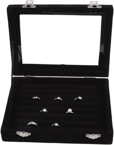 PYENHDI Schmuckkästchen, Schwarze Ringbox aus Samt mit 7 Fächern und transparentem Deckel, Schmucktablett aus Acryl (blau) von PYENHDI
