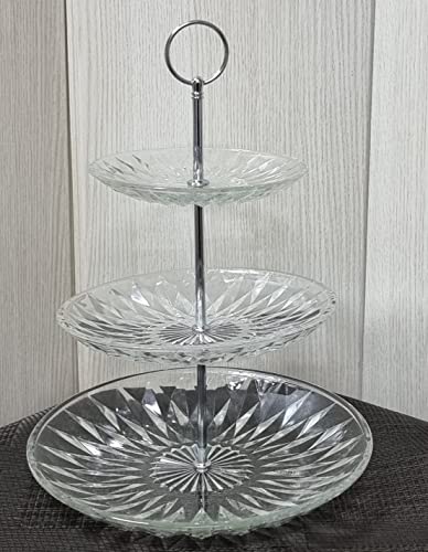 Etagere aus Glas mit 3 Etagen, Durchmesser 25,5/23/18 cm, Höhe 33 cm, Ständer 2 Ebenen aus Glas, Obstschale mit 3 Etagen von PYN