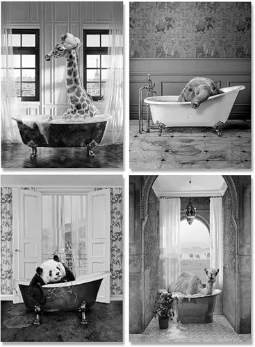 4 Stück Badezimmer Bilder Giraffe in der Badewanne Poster Wand Kunst,Lustige-Tierbild Elefant Zebra Pinguine Badewanne Wohnkultur,Ohne Rahmen (Poster-2, 20X30cm*4PCS, Ungerahmt) von PYNVDD