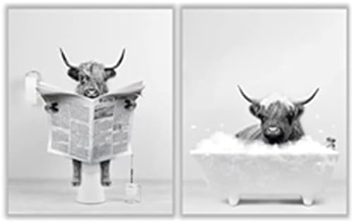 PYNVDD 2er Set PosterHochland Kuh Wandkunst in Badewanne,Lustige Esel Poster,Bilder Badezimmer Deko, Schwarz-Weiß Leinwand Bilder Wandkunst - Ohne Rahmen (Bild-01,50x70cm*2Pcs) von PYNVDD