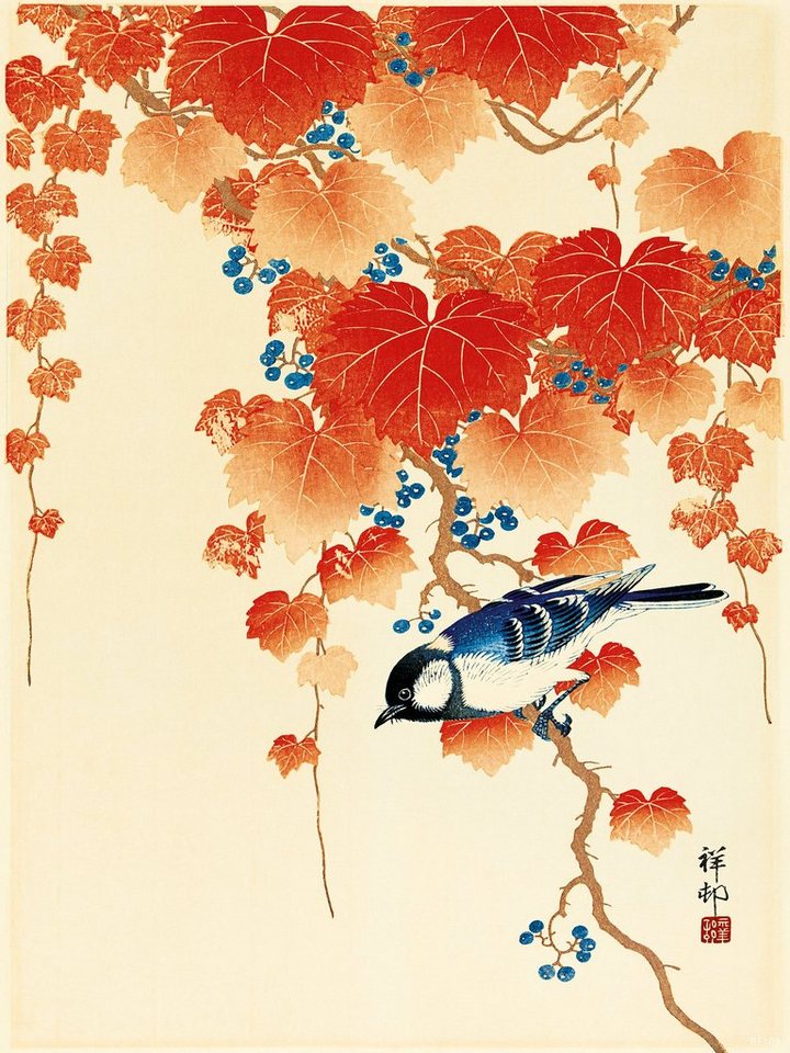 PYRAMID Kunstdruck Bird and Red Ivy Kunstdruck Ohara Koson 30 x 40 cm von PYRAMID