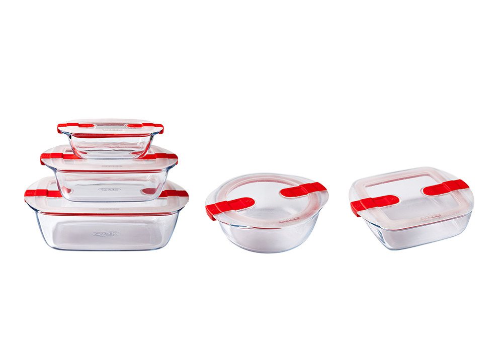 PYREX Frischhaltedose Cook&Heat - Set aus 5 Frischhaltedosen mit Ventil, (Set, 5-teiliges Set), Hitzebeständiges Glas, mit Ventil, mikrowellengeeignet, BPA-frei von PYREX