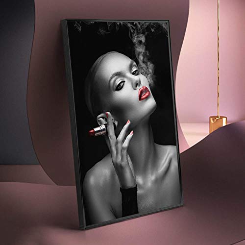 Sexy Smoking Woman with Lipstick Canvas Art Posters And Prints Black White Woman Art Canvas Paintings Red Lips Art Pictures 30x50cm Frameless von PYROJEWEL