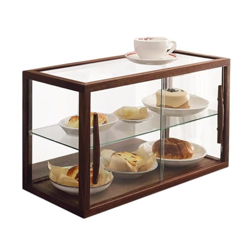 PYROSUN Holz-Arbeitsplattenschrank Mit 2 Tabletts, Klarglas-Bäckerei-Vitrine, Konditorei-Vitrine Mit Zwei Regalen, Kommerzielle Arbeitsplatte-Bäckerei-Sammelobjekt-Vitrine(Brown) von PYROSUN