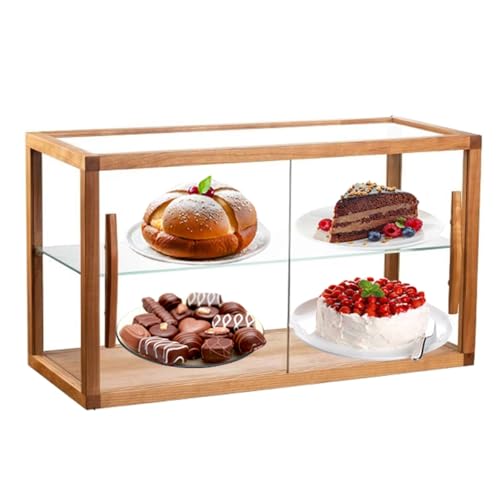 PYROSUN Holz-Arbeitsplattenschrank Mit 2 Tabletts, Klarglas-Bäckerei-Vitrine, Konditorei-Vitrine Mit Zwei Regalen, Kommerzielle Arbeitsplatte-Bäckerei-Sammelobjekt-Vitrine(Natural) von PYROSUN
