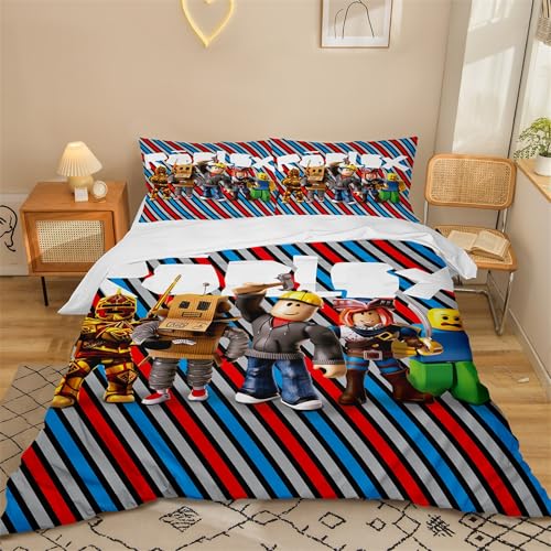 PYTRARTY Rob-lox Kinder BettwäSche，Rob-lox BettwäSche 135x200 Kinder Set 3 Teilig，Enthalten 1 Reine Rob-lox Bettbezug mit Reißverschluss und 2 80x80cm KissenbezüGe，Geeignet für Jungen und MäDchen von PYTRARTY
