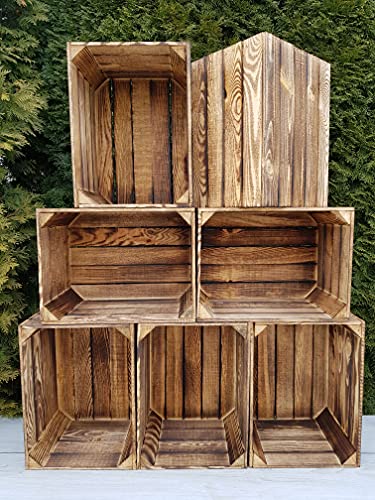 PYXIDAS Geflammte Natürlich Holzkisten im Sätzen, Satz Apfelkisten, Obstkisten, Maße 39x29x24 cm, mittlere Größe, können als Aufbewahrung, Organisation und Wohnkultur verwendet werden (Geflammte, 7) von PYXIDAS