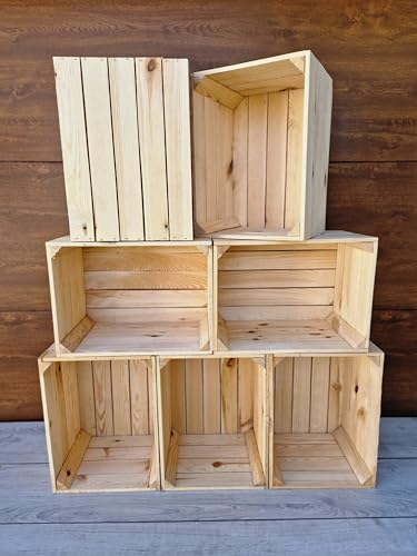 PYXIDAS Geflammte Natürlich Holzkisten im Sätzen, Satz Apfelkisten, Obstkisten, Maße 39x29x24 cm, mittlere Größe, können als Aufbewahrung, Organisation und Wohnkultur verwendet werden (Natürlich, 6) von PYXIDAS