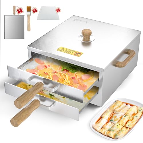 PYY Reis-Nudel-Rollen-Dampfgarer – 2 Schichten 3 Tabletts Chinesische Kantonesische Cheung Fun Changfen Maker Herd für Gewerbe und Heimküche mit extra Edelstahl-Dampfschale und Holzgriff von PYY
