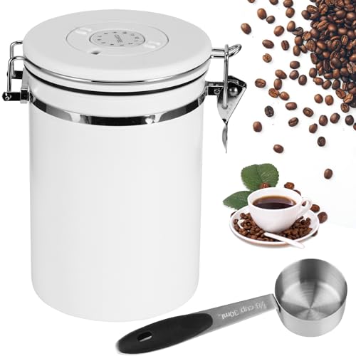 PZJFH Kaffeedose 1,8l, Weiße Luftdichter Kaffeebehälter Aus Edelstahl, Aufbewahrung Mit Vakuumventil Und Datumsanzeige,Kaffeebohnen Messlöffel Und Silikondichtung, Ideal Für Kaffeeaufbewahrung von PZJFH