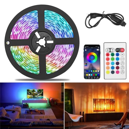 PZJFH LED Strip 5M, RGB LED Streifen mit Fernbedienung und APP, Selbstklebend LED Strip, Musiksynchronisation und IP65 Wasserdicht, LED Lichterkette für Wohnzimmer, Küche, Schlafzimmer, Bar, Party von PZJFH