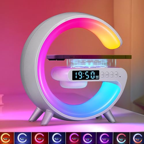 PZJFH Neue Tischlampe, Lampe Mit Ladefunktion Mit Ladefunktion, Dimmbare Nachttischlampe Mit Umgebungslicht, Tischlampe Kabellos Mit Bluetooth-Lautsprecher, Wake-Up-Light-Wecker, Uhr, Radio von PZJFH