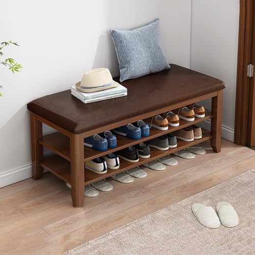 PZOFERLIN Bank zur Schuhaufbewahrung Schuhaufbewahrungsbank Ottomane mit Lederkissen Holzrahmen Multicolor Mehrere Größen(Walnut Color,80cm/31.5in) von PZOFERLIN