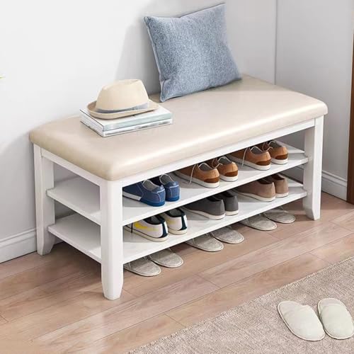 PZOFERLIN Bank zur Schuhaufbewahrung Schuhaufbewahrungsbank Ottomane mit Lederkissen Holzrahmen Multicolor Mehrere Größen(White,60cm/23.6in) von PZOFERLIN